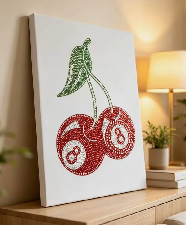 Studio Kit Cherries Eight Ball, Diamond Art. Done in a Day.